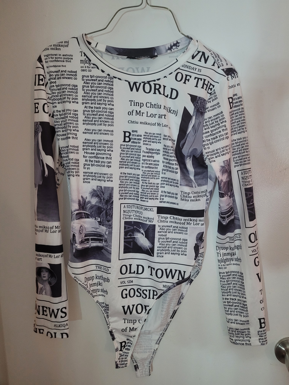 Newspaper Print Long-Sleeve Bodysuit in White & Black